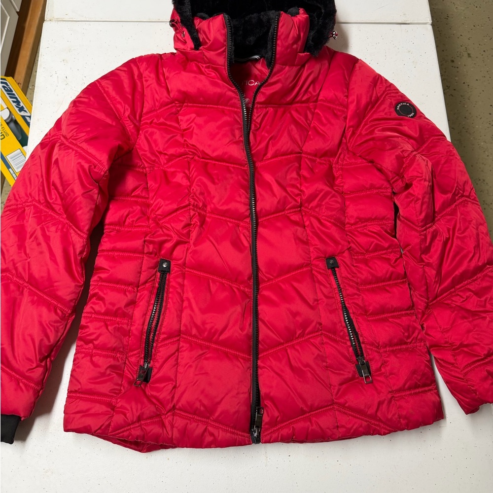 Nautica woman’s Bright Red Quilted Puffer Jacket with Hood